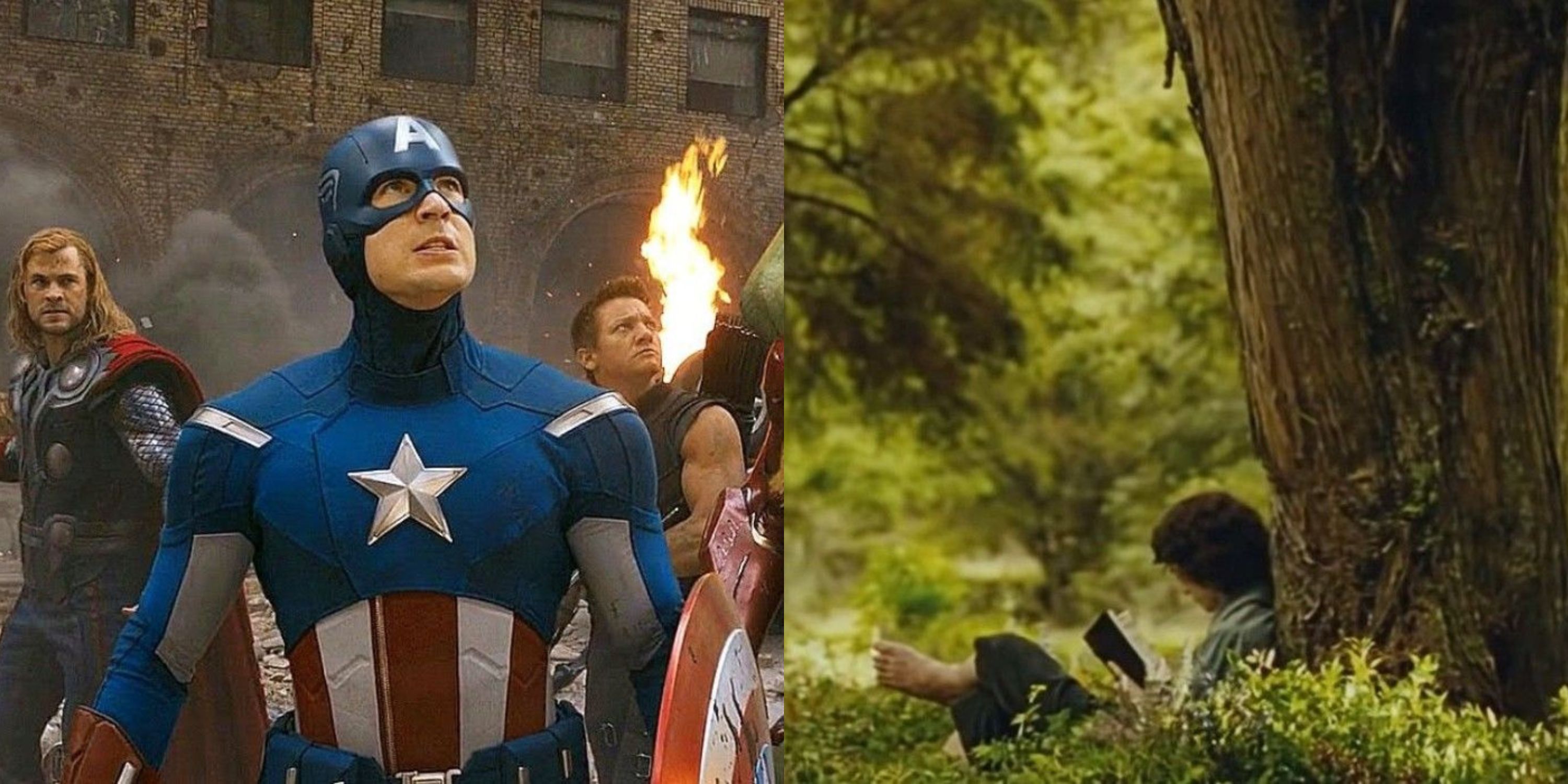 Featured image split the Battle of New York in The Avengers and Frodo resting against a tree in The Lord of the RIngs