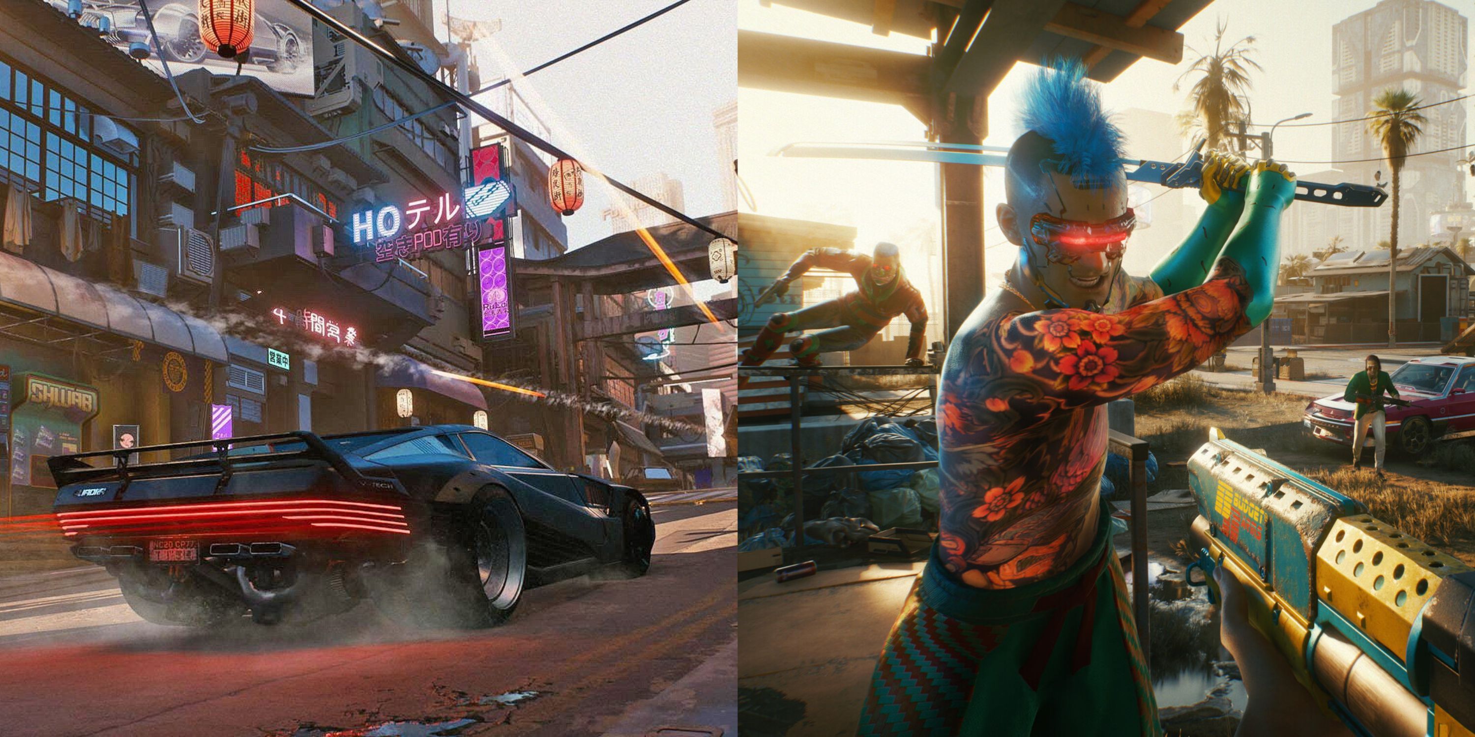 Featured image vehicles in Night City and a character wielding a blade in Cyberpunk 2077