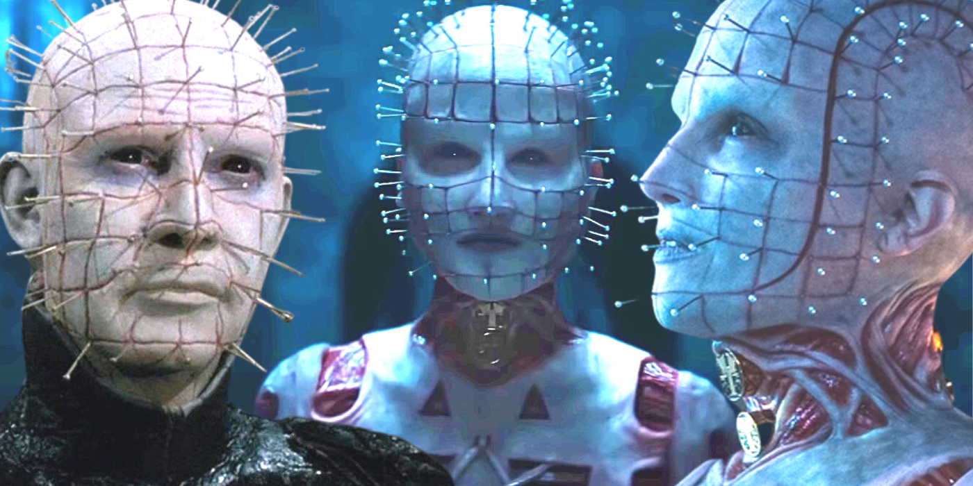 Pinhead from Hellraiser alongside two images of the female Pinhead from Hellraiser 2022