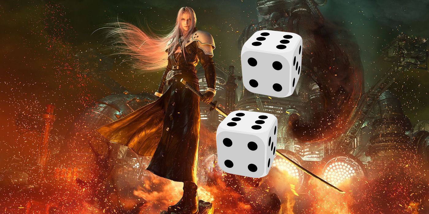 Final Fantasy 7's Sephiroth standing behind two dice