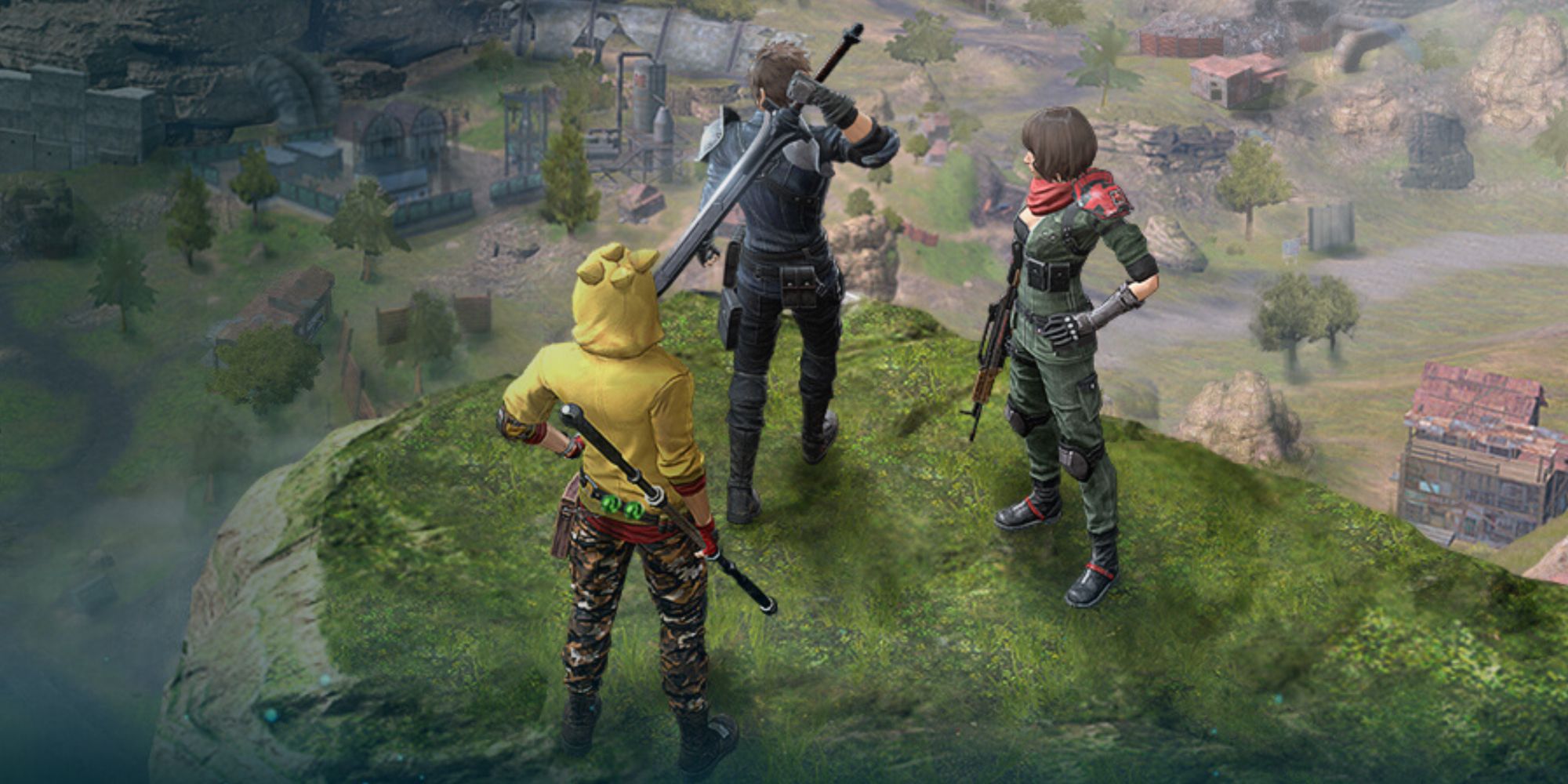 Final Fantasy VII The First Soldier Battle Royale - Image of three players stood atop a cliff looking over the battlefield.