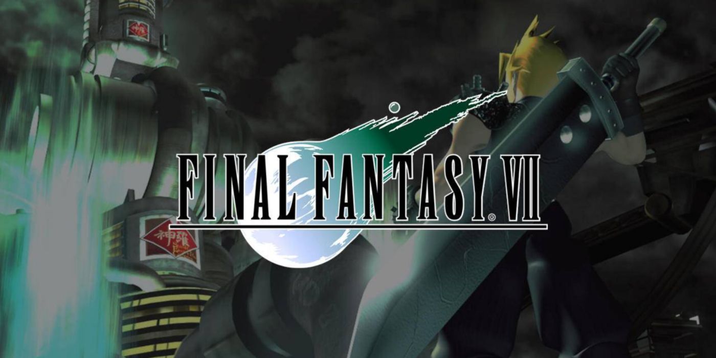Cloud holding his iconic Buster Sword as he looks up at a Shinra structure in FFVII key art.