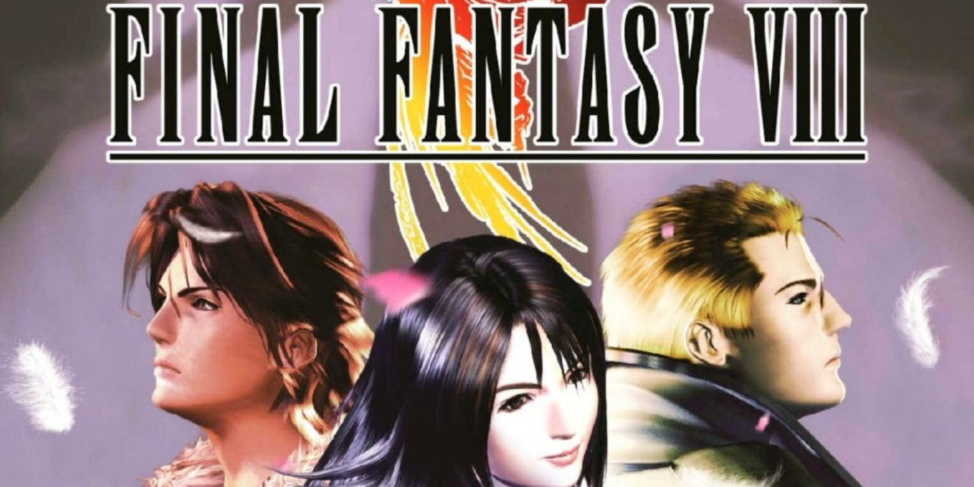 Arte chave de Final Fantasy VIII com Squall, Rinoa e Seifer.