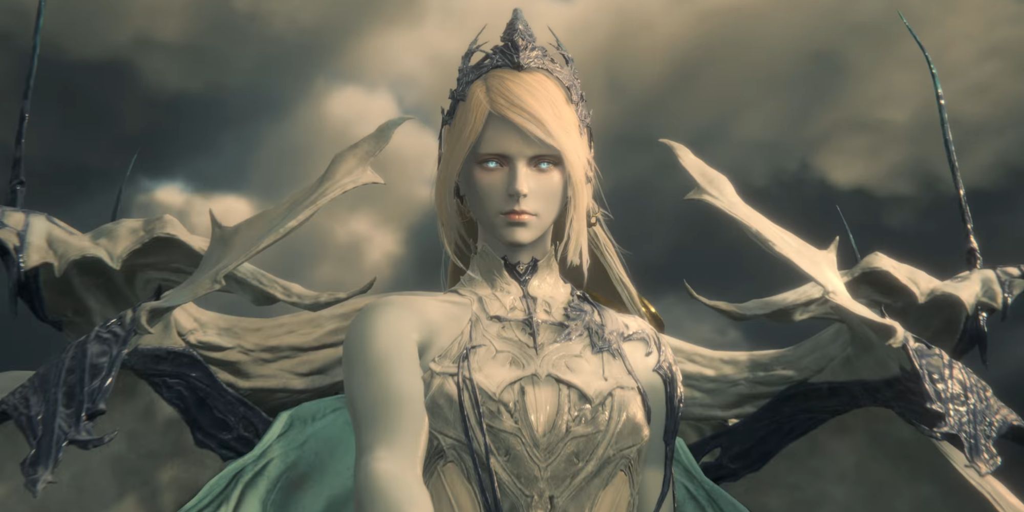 The Shiva Eikon from Final Fantasy XVI ahead of a stormy sky