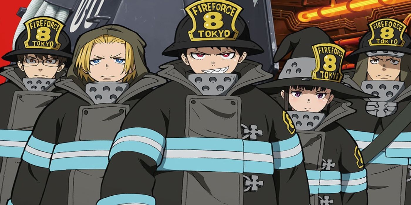 Some of the main characters of Fire Force standing together in uniform