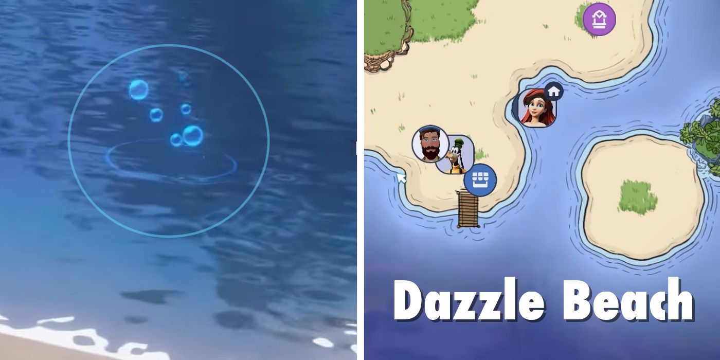 Blue circles in the water next to an image of the Dazzle Beach map screen in Disney Dreamlight Valley