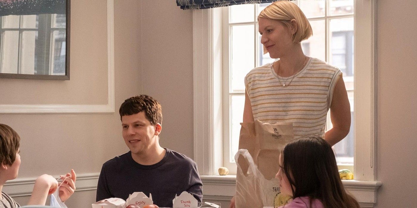 Jesse Eisenberg and Claire Danes smiling at a breakfast table in Fleishman Is In Trouble