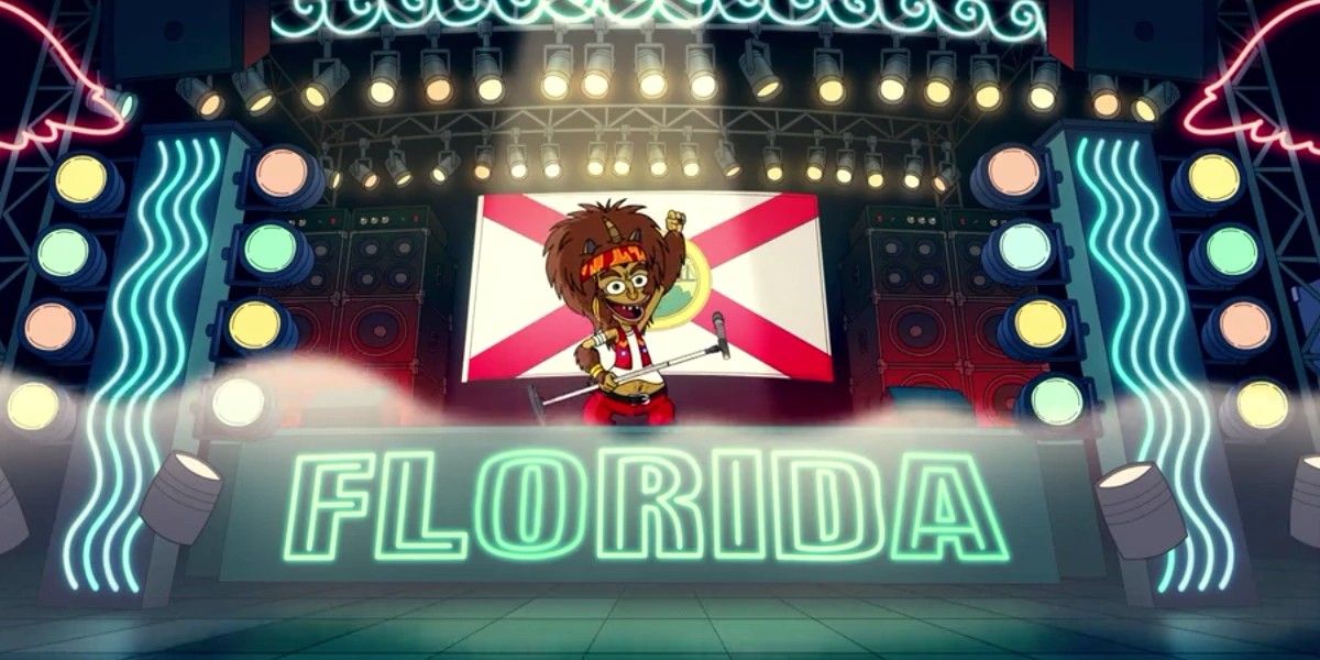 Maury signing a song about Florida on stage in Big Mouth