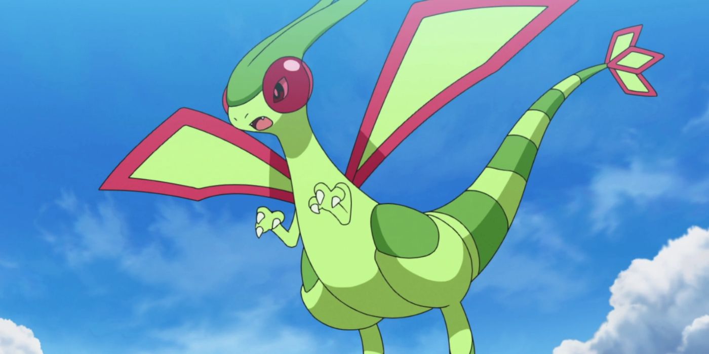 Flygon voando no céu no anime Pokémon.