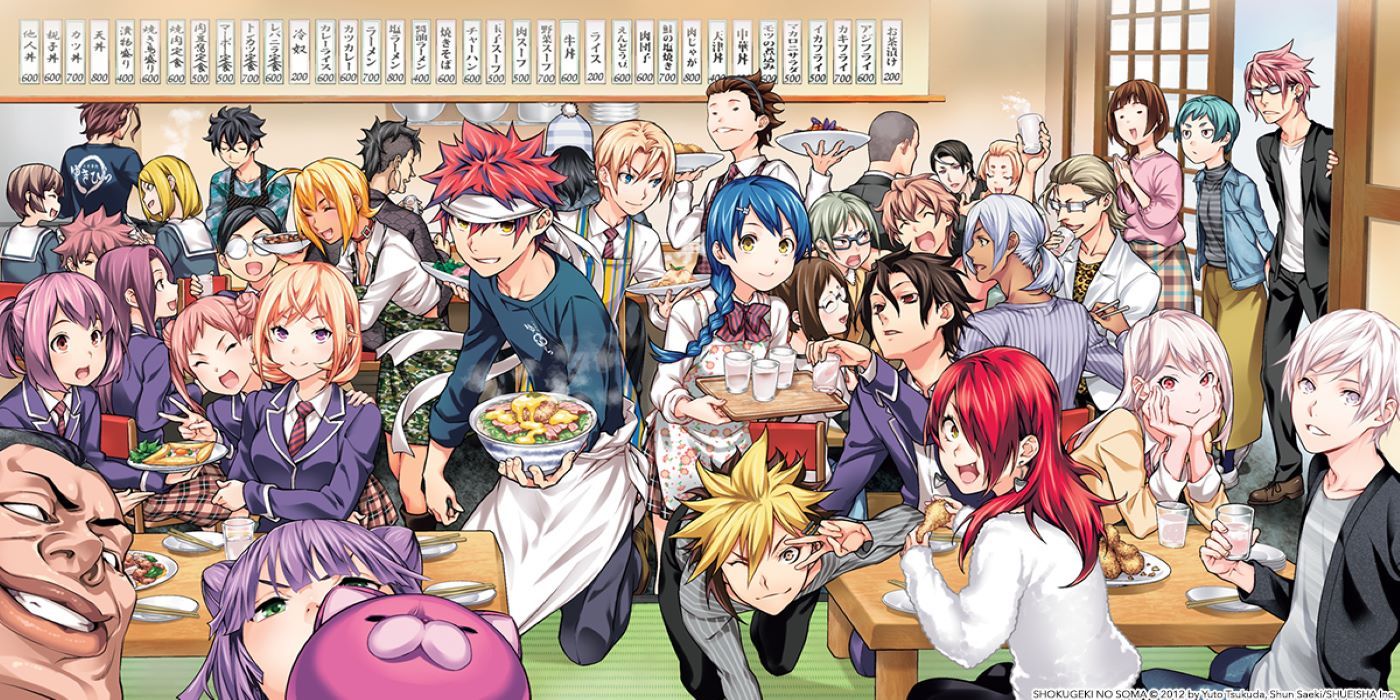 Sekelompok besar siswa Akademi Kuliner Totsuki berkumpul di ruang makan untuk makan di Food Wars!