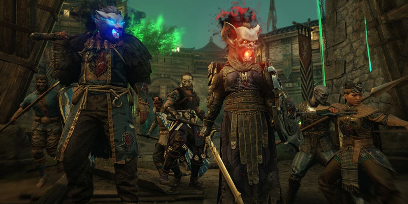 A team of warriors wearing Halloween-themed cosmetics in For Honor's Fangs of the Otherworld event.