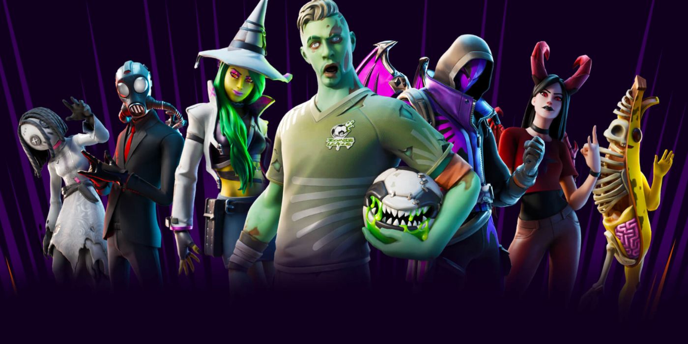 Fortnite characters dressed in Halloween-themed skins for the Fortnitemares event.