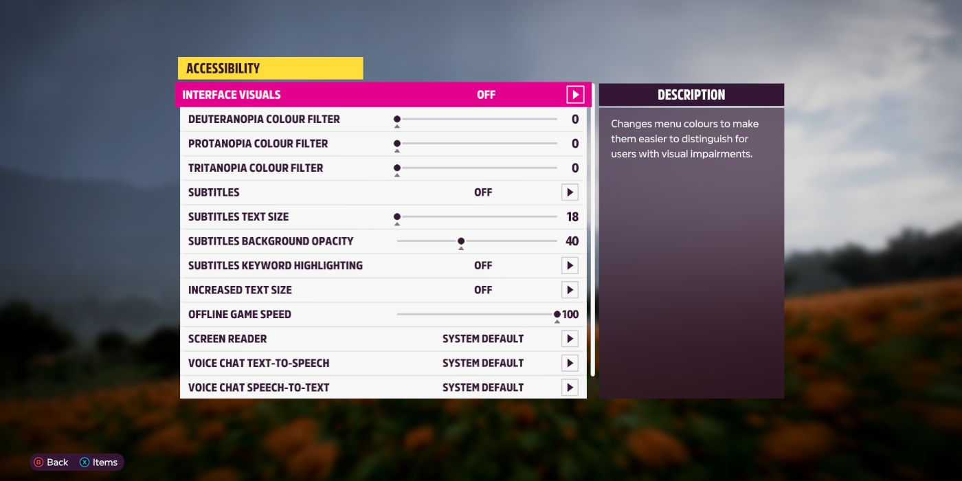 Forza Horizon 5's accessibility menu showcasing multiple options