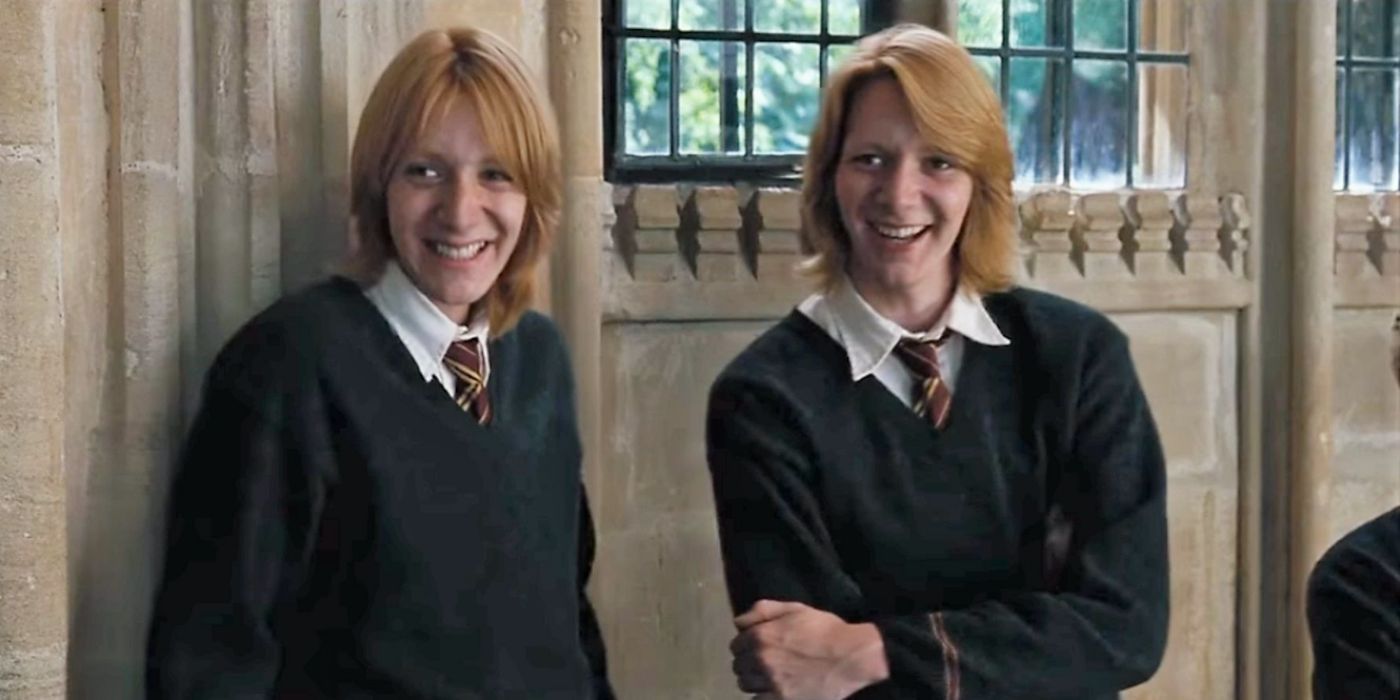 Fred and George laughing in Harry Potter. 
