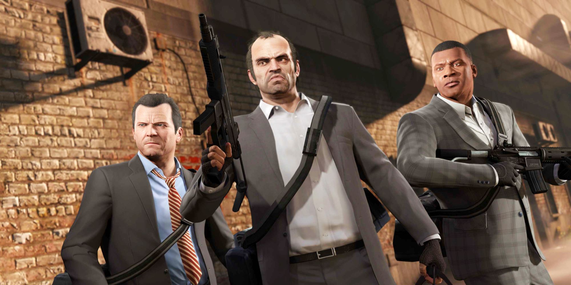 Grand Theft Auto 5's three protagonists, Michael, Trevor, and Franklin holding guns