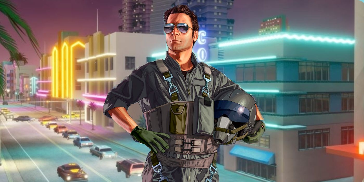 The official GTA 5 art of a pilot in from of the streets of Vice City.