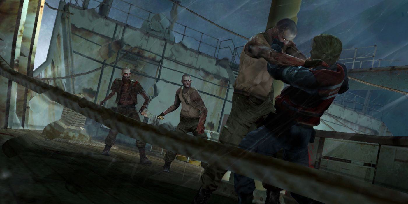 Jogabilidade de Cold Fear mostrando duas figuras lutando no convés de um navio.