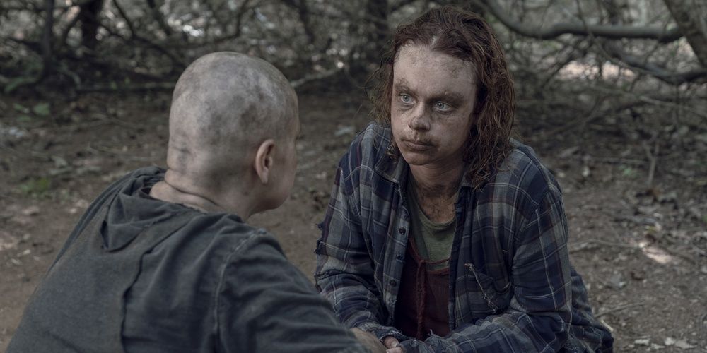Gamma talks to Alpha in the woods in The Walking Dead