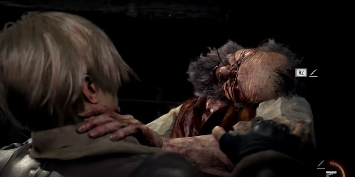 Leon grappling with a Ganado with a broken neck in the Resident Evil 4 remake