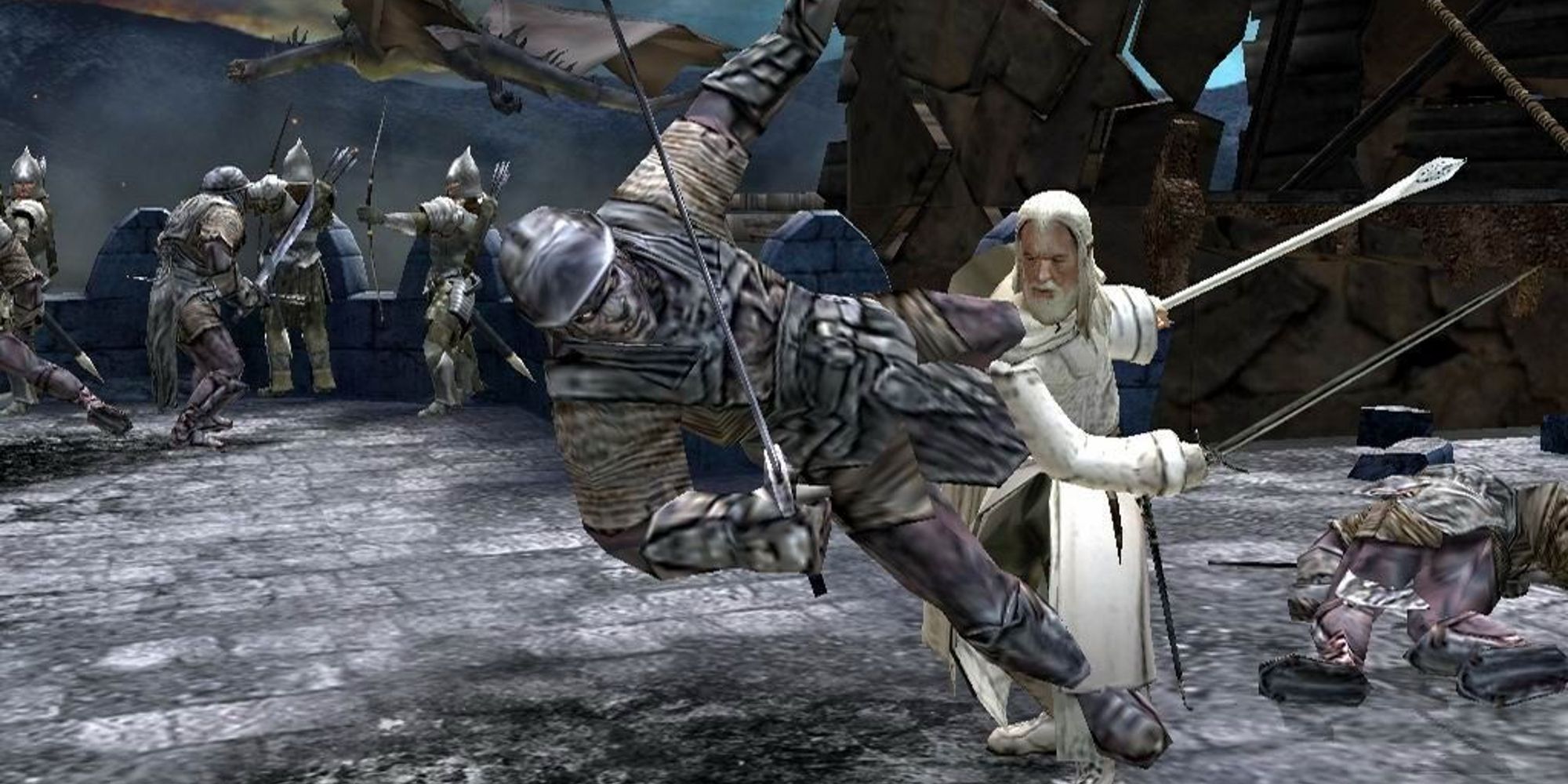 Gandalf menangkis orc di video game The Lord Of The Rings: The Return Of The King.