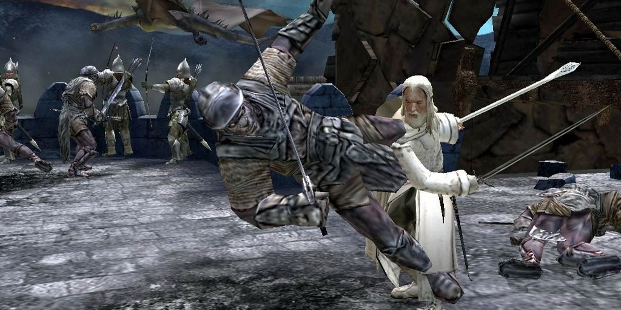 Gandalf fending off orcs in The Lord Of The Rings: The Return Of The King video game.