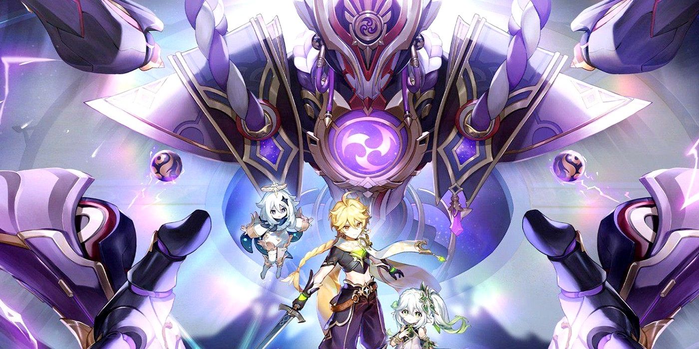 Genshin Impact 3.2's new boss standing over male Traveler, Paimon, and Nahida