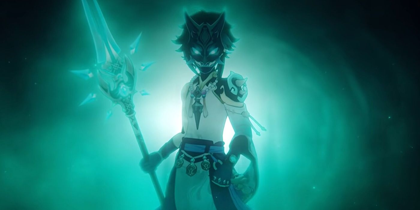 Xiao in a mask in Genshin Impact, holding his polearm Primordial Jade Winged-Spear; in the background there is a faint greenish light.