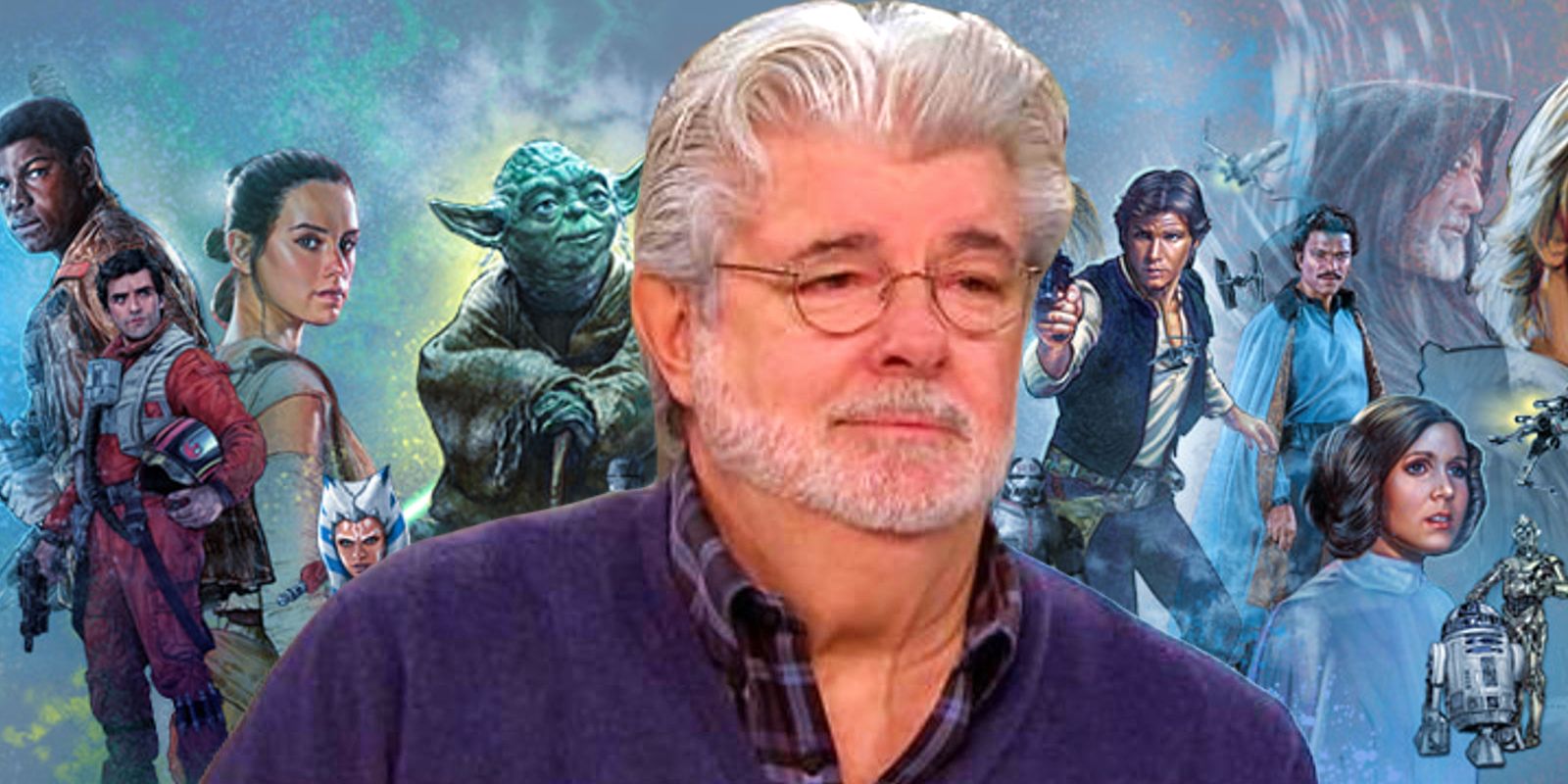 George Lucas in front of a Star Wars banner with various main characters from Star Wars