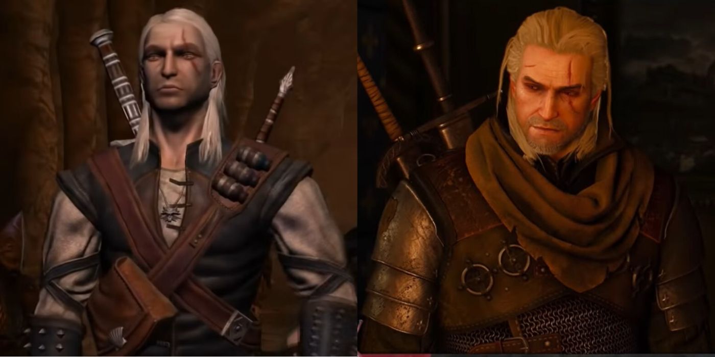 Split image of Geralt in The Witcher and The Witcher 3.