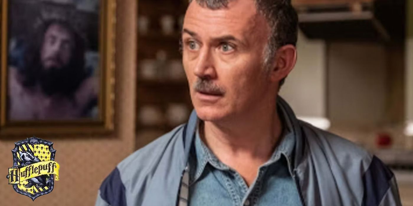 Gerry in Derry Girls with a Hufflepuff Hogwarts house crest in the lower left corner