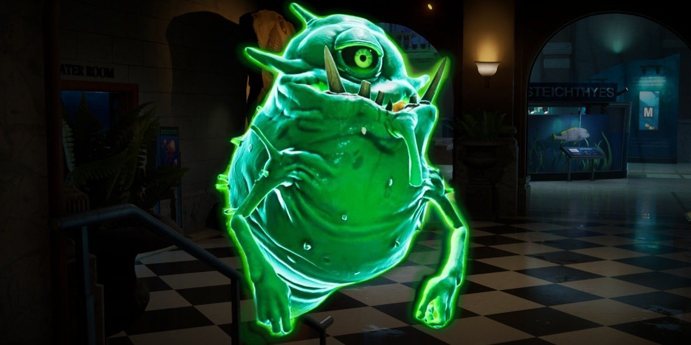 A glowing green ghost from Ghostbusters: Spirits Unleashed floats in front of an empty museum.