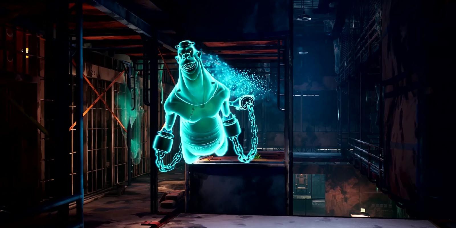 A chained ghost from Ghostbusters: Spirits Unleashed bursting through a hallway.