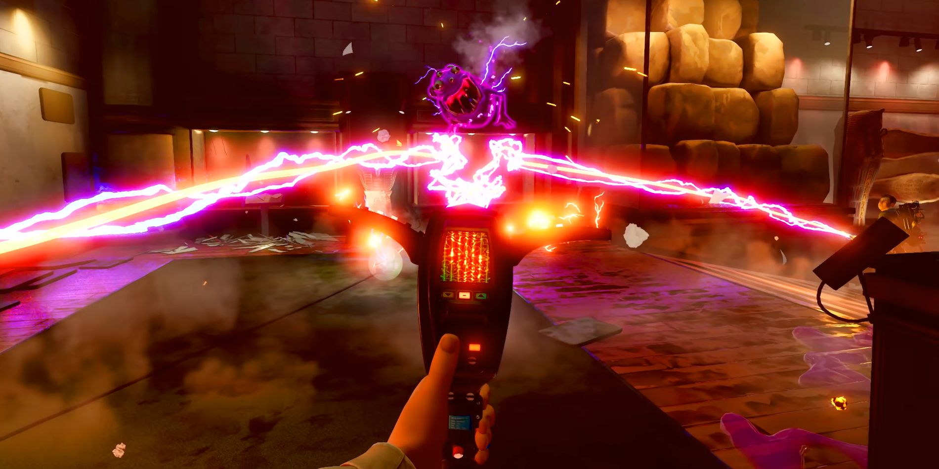 Ghostbusters Spirits Unleashed PKE Medidor Disparando Eletricidade