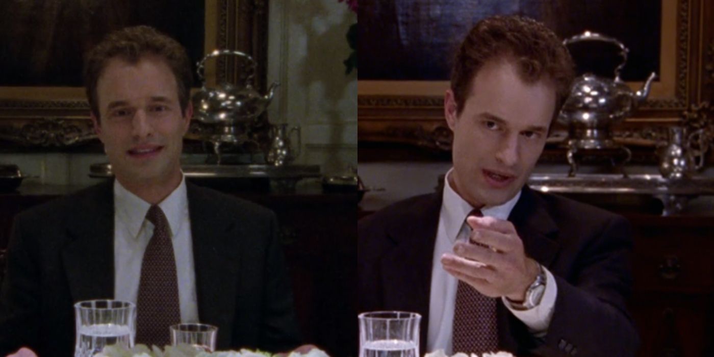 Split image of Chase Bradford smiling and talking with his hands on Gilmore Girls