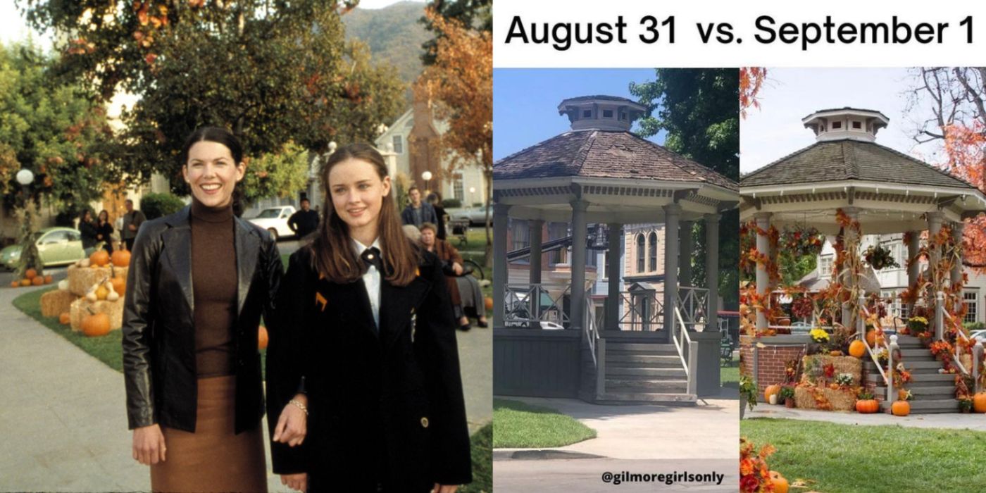 Lorelai and Rory in Star Hollows in the fall, and the gazebo with and without fall decoration