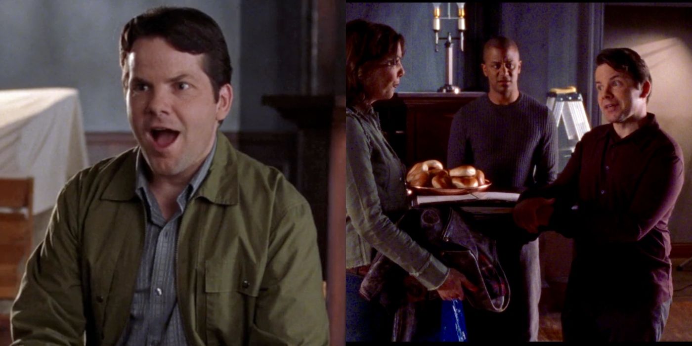 Split image of Tobin laughing and talking to Lorelai and Michel on Gilmore Girls