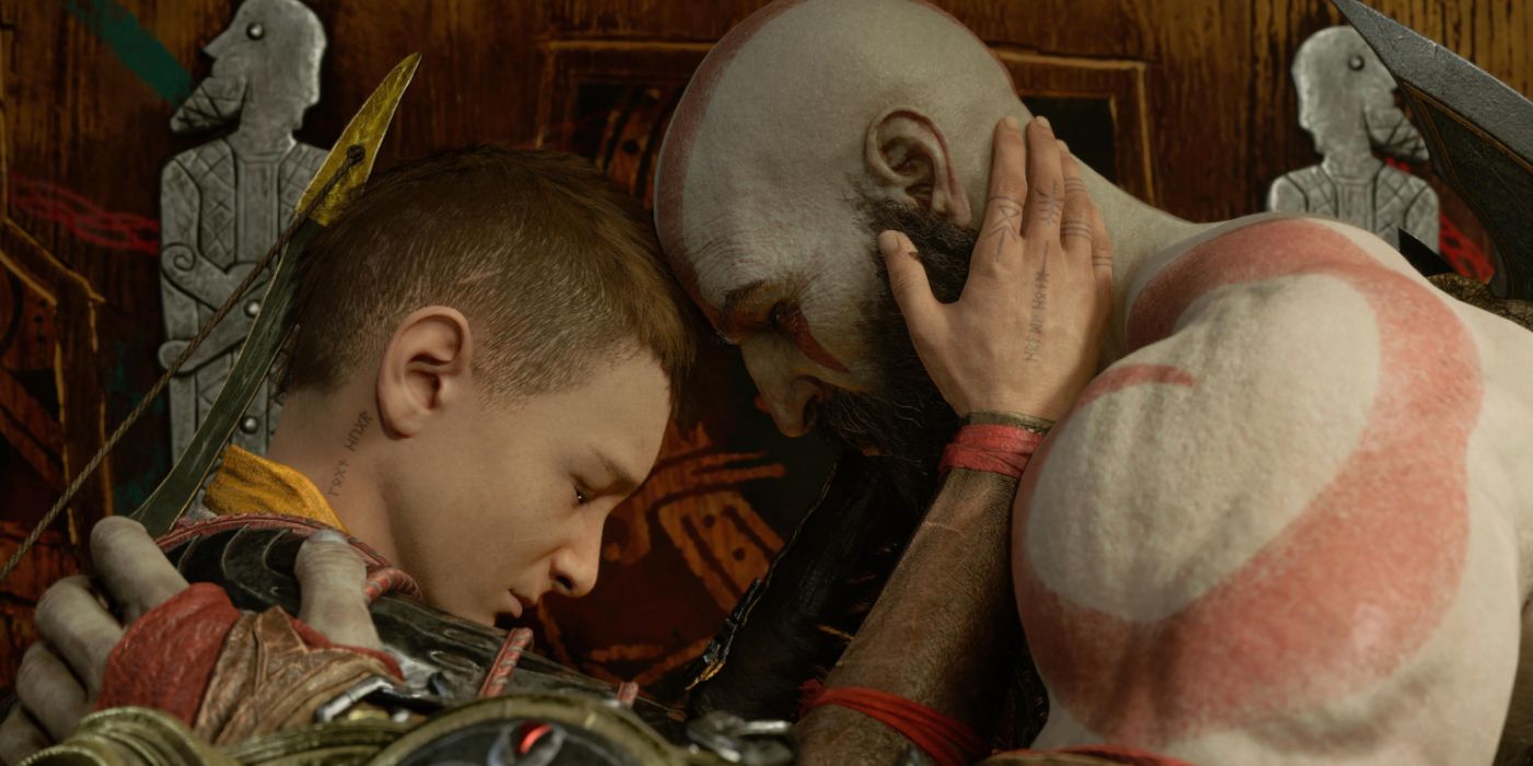 Kratos and Atreus Embracing Each Other in God of War: Ragnarök