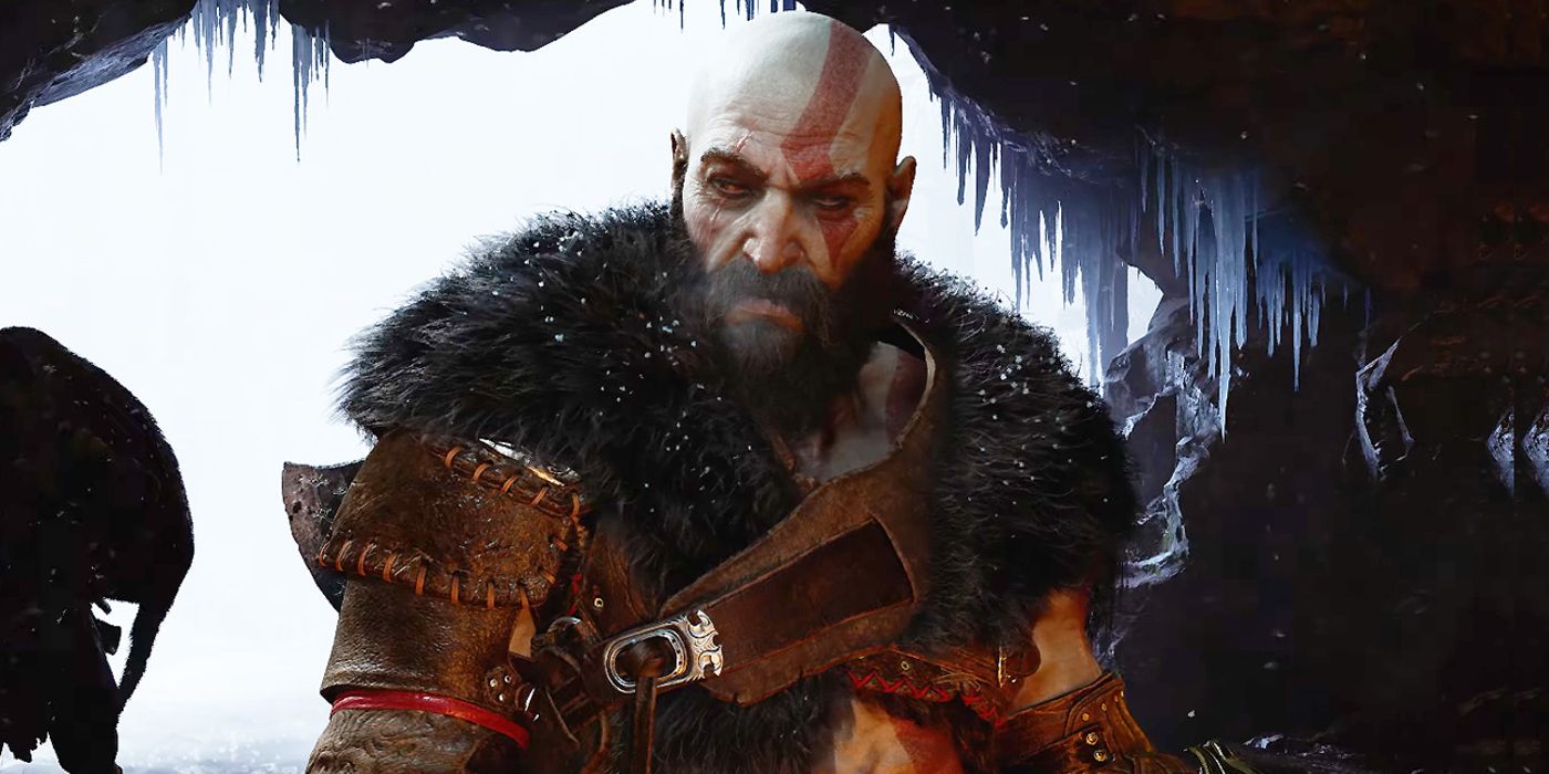 God of War Ragnarok Kratos olha para a esquerda em uma caverna