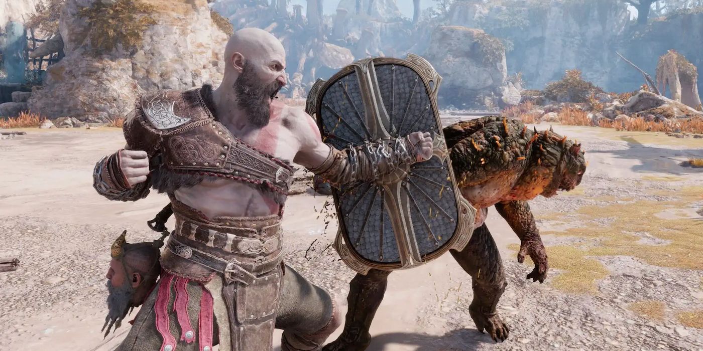 Kratos bashing an enemy with a shield in God of War Ragnarok's Svartalfheim.