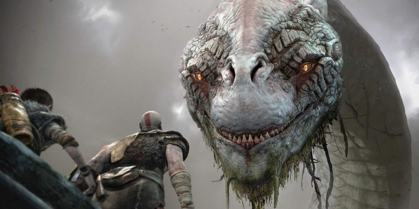 Kratos and Atreus face Jormungandr the World Serpent in God of War