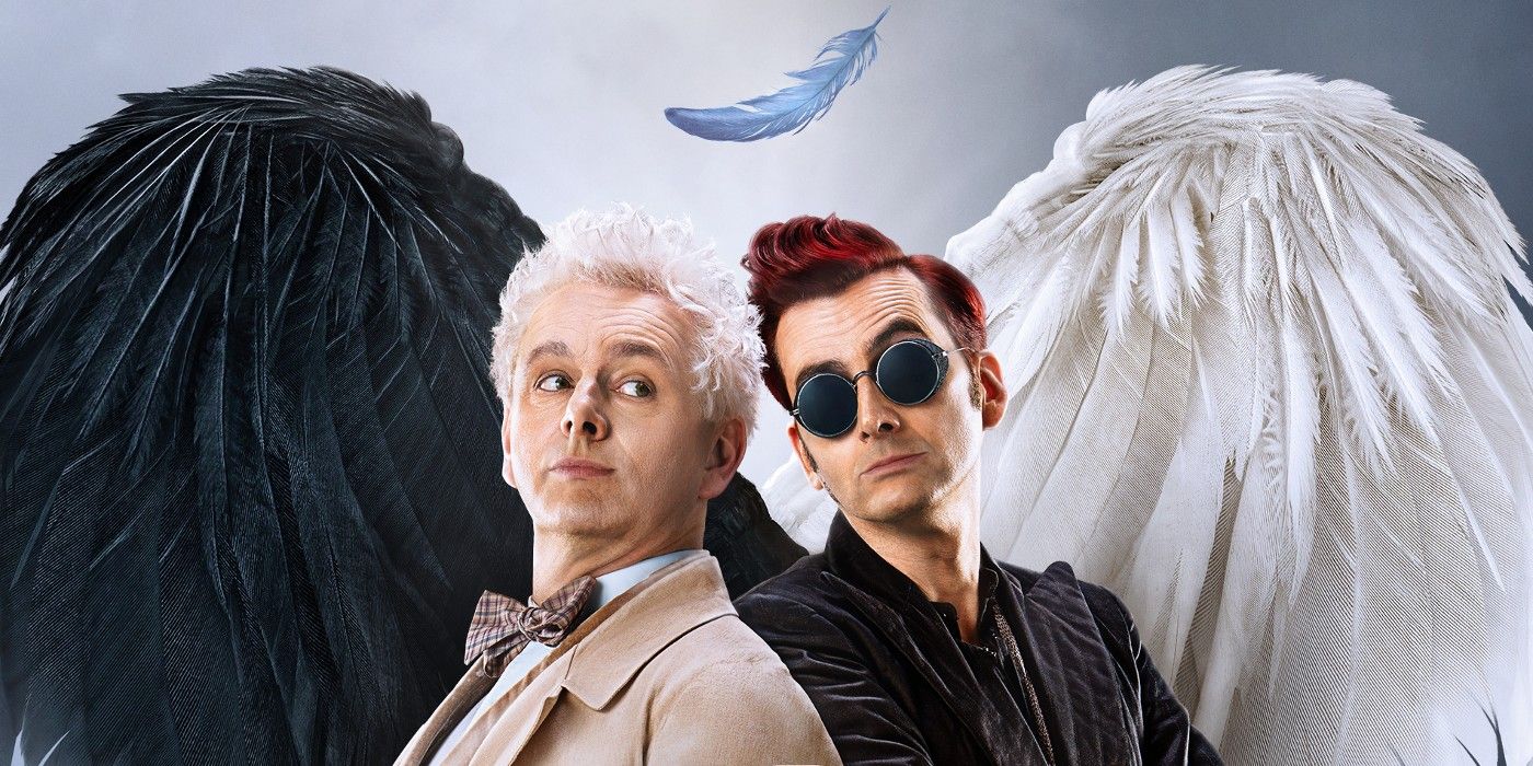 Aziraphale and Crowley with wings and their backs to each other in Good Omens Season 2