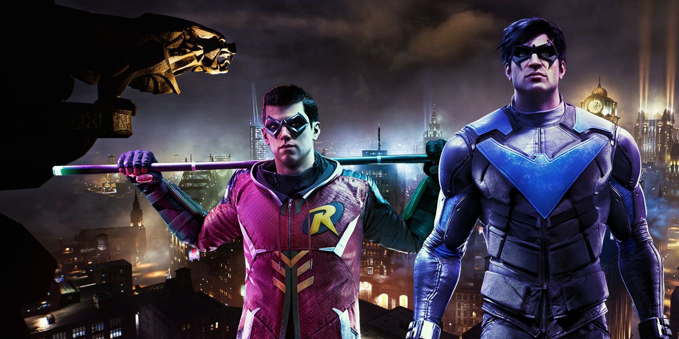 Image of Robin and Nightwing from Gotham Knights pasted in front of the game's open world Gotham City.
