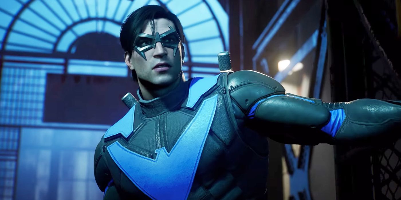 Image of Nightwing opening a door in Gotham Knights during a cutscene.