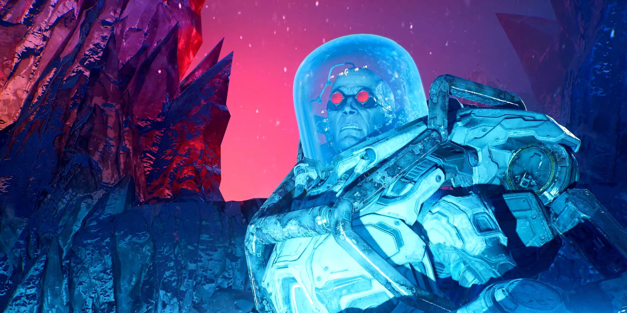 Mr. Freeze surrounded by his icy fortress in Gotham Knights.