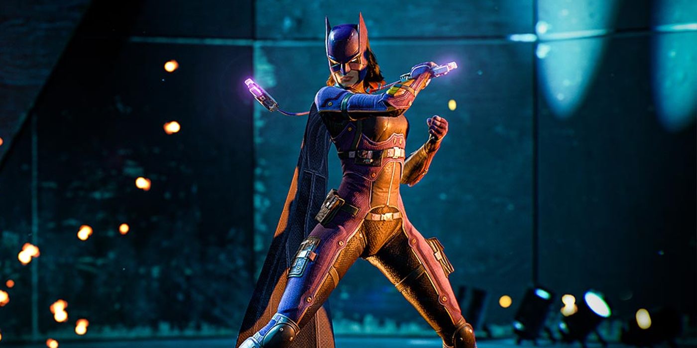 Batgirl em Cavaleiros de Gotham.  O personagem está empunhando uma arma única de bastão de nunchuck que brilha em roxo.