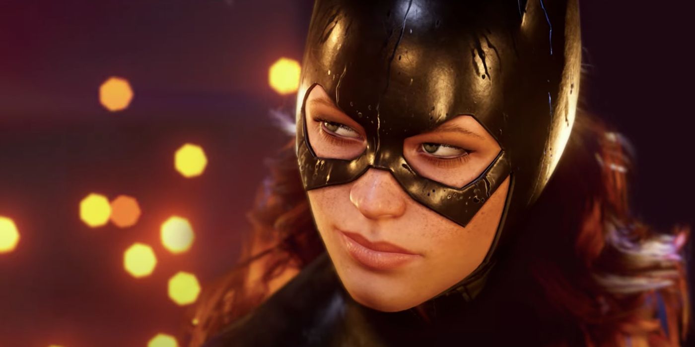 Image of Batgirl in Gotham Knights. Barbara Gordon is wearing a classic black outfit in the image, with her auburn hair flowing against a nighttime backdrop.