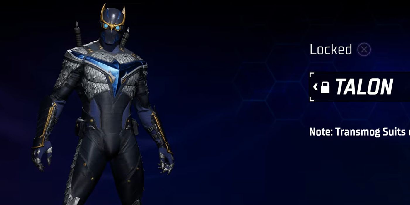 Image of Nightwing in his Talon suit from Gotham Knights. This costume is modelled after the Talon assassins of the Court of Owls, featuring an armored feather-like chest plate and the Talon's signature mask but with Nightwing's familiar black, blue, and gold color scheme.