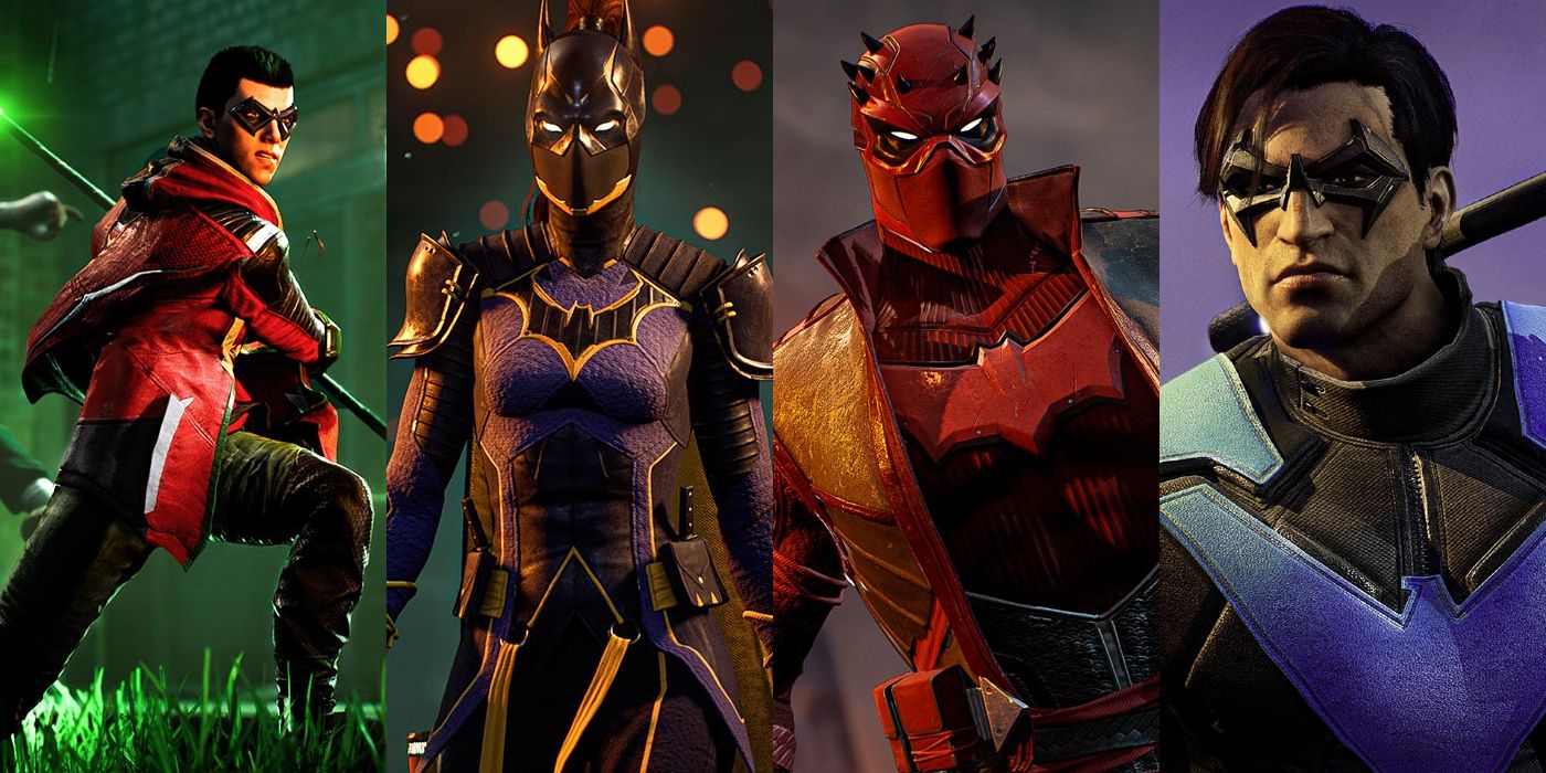 Collage image the four main playable characters from Gotham Knights. From left to right, we have Robin, Batgirl, Red Hood, and Nightwing.