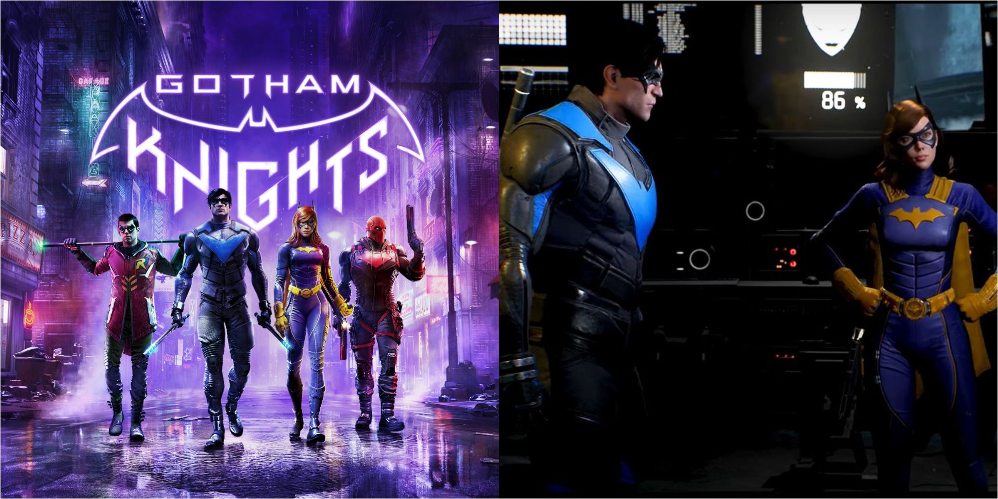 Split image showing the Gotham Knights poster and Nightwing with Batgirl.