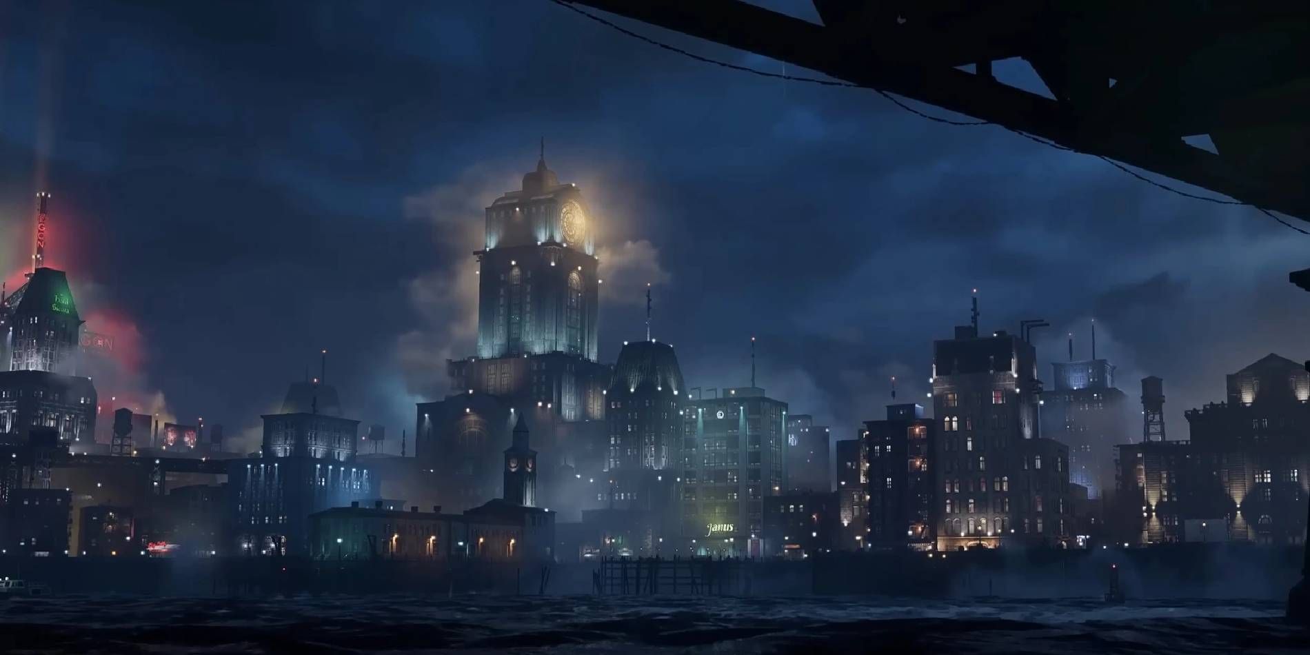 Gotham Knights (2022) Filmagem noturna de Gotham City com a prefeitura à distância